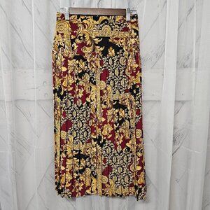 Vintage Unbranded Gold Maroon Pleated Floral Baroque Midi Skirt 6P